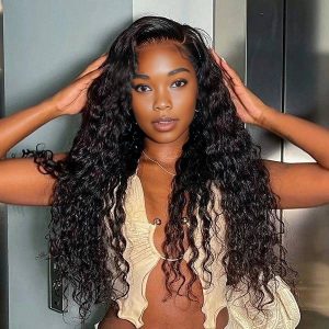 center wig natural black remy hair 6x7 lace closure deep wave human hair wig